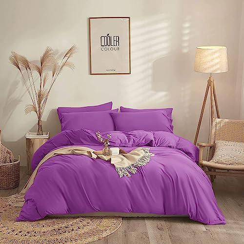 Yorkshire Bedding Duvet Cover Sets - Soft & Breathable Brushed Microfibre Plain Double Duvet Cover with Pillow cases - Button Closure Quilt Cover Bed Set - Purple