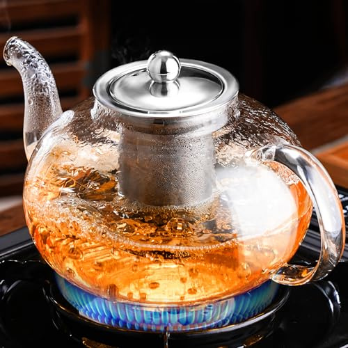PARACITY Tea Pot 1200ML, Borosilicate Clear Teapot, Glass Teapot with Removable 18/8 Stainless Steel, Teapot with Infuser for Camping, Travel, Glass Teapots with Infuser for Loose Tea
