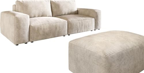 DELIFE Big-Couch Lanzo L Cord Beige 260x110 cm mit Hocker