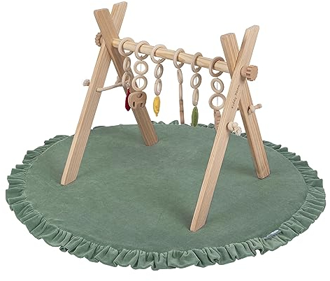 KiddyMoon Arche de Jeu D’Eveil En Bois Pour Bébé Avec Tapis De Jeu En Mousse Souple Pour Enfants Et Nourrissons Avec Jouets Suspendus Ensemble D'activités Salle De Jeu, Natural Avec Vert Forêt Tapis