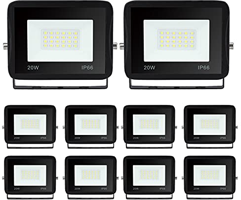 Sonnewelt Projecteur LED Extérieur 20W 10pcs 1700lm Blanc Froid 6000K Spot LED Extérieur économiseur dénergie IP66 Imperméable lumière de Sécurité pour Jardin Patio Cour Garage