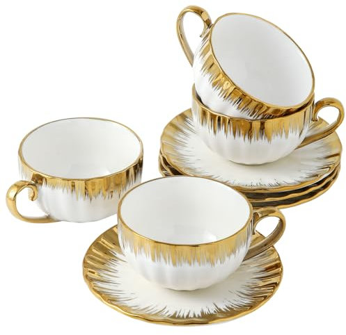 LETAOTAO Juego de taza y platillo para capuchino, taza de café de porcelana de 7 onzas y platillo con borde dorado, juego de 4 tazas de té, juego de tazas de café turco para espresso doble, latte,