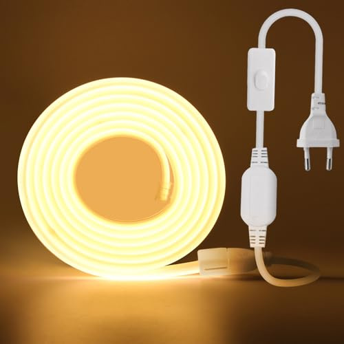 KISUFU 220V COB LED Strip mit Schaltstecker 4M,288 LEDs/m Flexible Hohe Dichte CRI≥85 FCOB LED Streifen,Led Band IP65 Wasserdichte Superhell LED Lichtband für Schlafzimmer, Schrankbeleuchtung