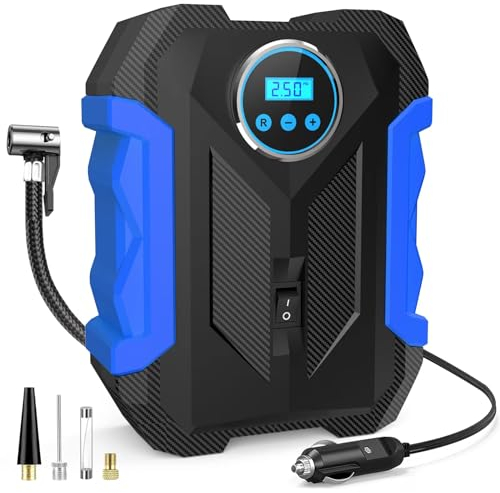 Skeufy Tyre Inflator, 12V Car Tyre Inflator, 150 PSI Digital LCD Display Electric Tyre Pump, Auto Shut Off Feature, LED Flashlight - 3 Nozzles Suitable for Car, Bicycle, Motorcycle-BLUE