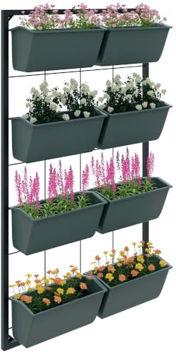 Outsunny Blumenständer, Pflanzenständer mit 8 Töpfen, Pflanzenregal, Wandmontage Pflanzentreppe, Blumenregal für Garten, Dunkelgrün, 52,5 x 14 x 90 cm