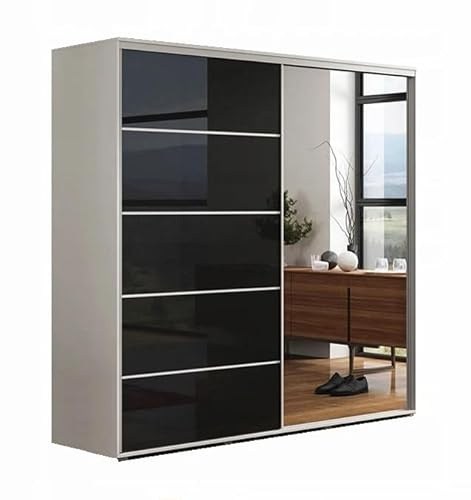 BM-Möbel Großer Kleiderschrank mit Schiebetür aus Glas/Lacobel und Spiegel - mit Einlegeböden und Kleiderstange für Garderobe - 2-türig - Weiß, Lacobel Schwarz - 200 x 62 x 245 cm (B/T/H)