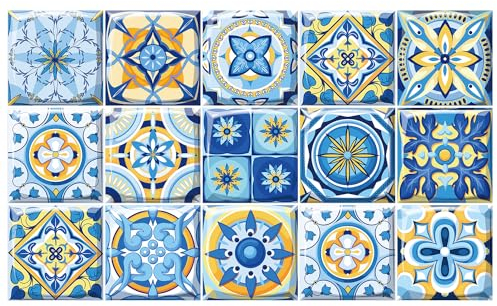 Ulticool – Autocollants imperméables carreaux autocollants - Design vaisselle bleu rétro - 15 x 15 cm - 15 pièces autocollants autocollants pour carrelage en film - cannelure pour mur salle de bain -