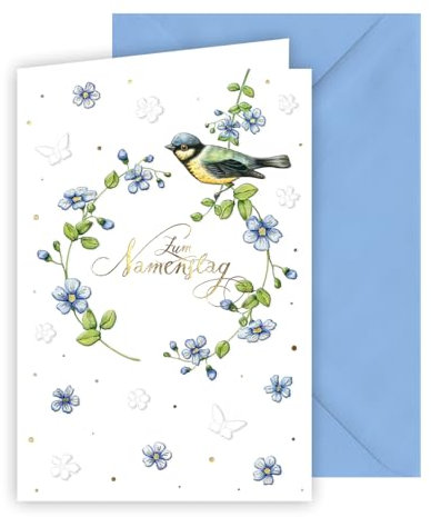 KE - Namenstagskarte mit Blütenzweigen, inkl. Umschlag, DIN B6 Format, Personalisierte Glückwünsche, blau, Motiv: kleiner Vogel auf Blütenzweig