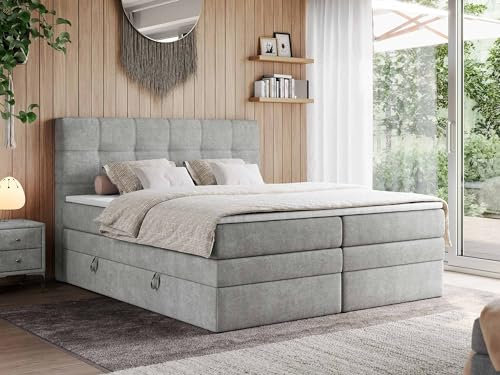 MKS MEBLE Boxspringbett 200x200 mit Bettkasten und Matratze H3 - Boxbett - Hellgrau Struktur - ERNI King