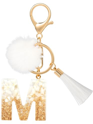 MWOOT Schlüsselanhänger Buchstabe M Bommel Quasten, Cute White Gold Keyring mit Namen, Schön Personalisiert Keychain Frau Auto Schlüsselanhänger, Tasche Dekoration Anhänger Schulanfang Geburtstag