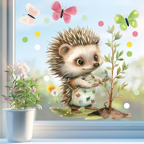 Sunnywall Fensterbild Fensterdeko Igel Gärtnerin Fensteraufkleber statisch selbstklebend beidseitiger Druck Aufkleber Fenstersticker WIEDERVERWENDBAR (Igel Gärtnerin Baum Schmetterling, DIN-A4 Bogen)