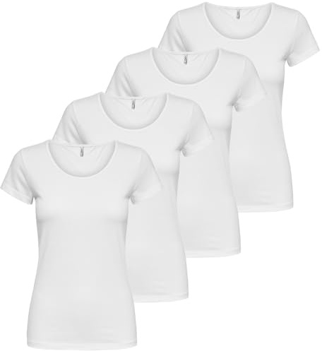 ONLY Damen 4er Pack T-Shirt Live Love Kurzarmshirt Basic Baumwollmix schwarz weiß Farbmix XS S M L XL