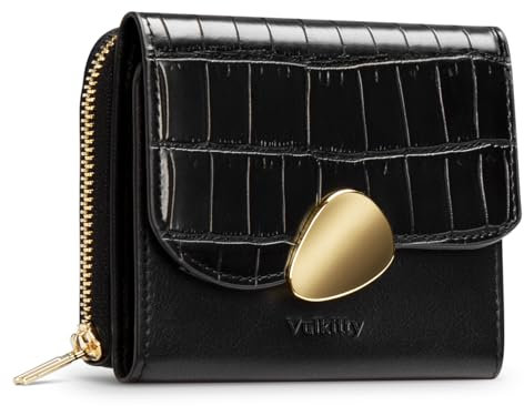 Vulkitty Portefeuille Femme Cuir RFID Blocage Con Porte Monnaie Fermeture Eclaire, Petit Portefeuille et Porte Carte, Noir
