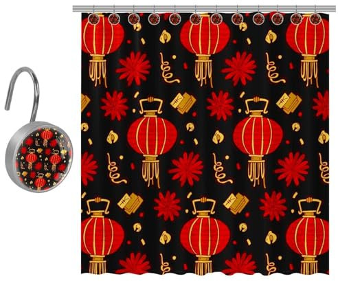 VAPOKF Rideau de douche oriental du Nouvel An chinois, rideau de douche en polyester avec 12 crochets en acier inoxydable pour salle de bain rustique ferme, 182 x 182 cm