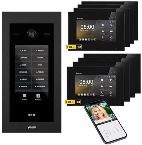 BALTER EVO HD Touch 7 Schwarz Video Türsprechanlage mit RFID/Codemodul Set für bis zu 1000 Teilnehmer (1x Türstation mit Full HD-Kamera, 4x 7 Zoll + 4x 7 Zoll WiFi Monitor, 2-Draht, 175° Weitwinkel)