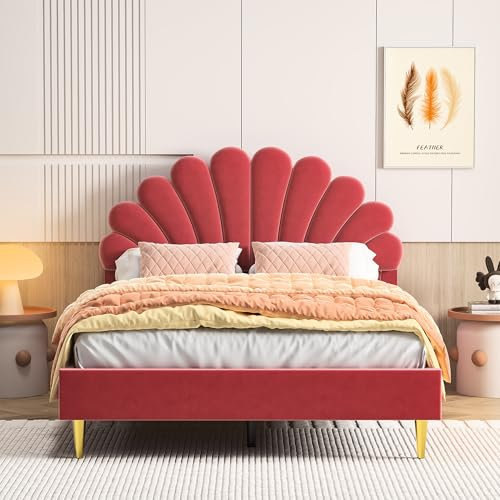 Callicarpa Polsterbett Kinderbett 140 x 200 cm, Mädchen Bett, Bettgestell mit Kopfteil in Blumenform und Lattenrost, Jugendbett 140x200, Doppelbett Gästebett aus hautfreundlichem Samtstoff (Rotwein)