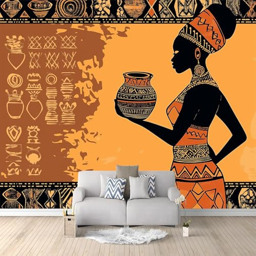 Papier Peint Mural 3D Femme Africaine Style Ethnique 200x140 cm Papier Peint Panoramique Poster Tapisserie Photo, Papier Peint intissé pour Chambre Salon Personnalisé Murale Décoration