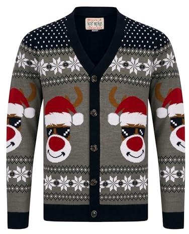 Tokyo Laundry Men's Deer Festive Pattern Novelty Knitted Christmas Cardigan in Ink - Merry Christmas - S