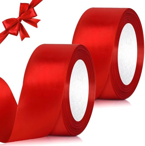 LAFO Lot de 2 rouleaux de ruban de satin rouge de 50 mm de large - 23 m par rouleau - Ruban cadeau large pour emballage cadeau, mariage, anniversaire, Noël, décoration - Ruban rouge