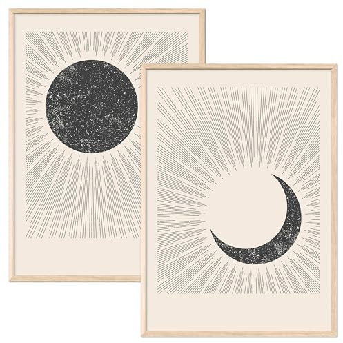 JUNOMI® Sonne und Mond Poster 50x70 cm, Boho Deko, Minimalistisch, Yoga Zubehör, perfekte Yoga Geschenkidee | mit Rahmen Natur