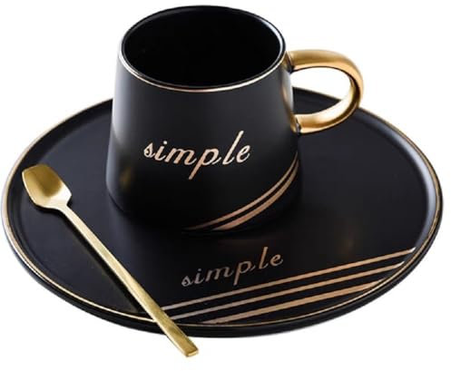 Huiyiwert Cappuccino Cups Set Porcelain Espresso Cup with Spoon and 19 cm Round Saucer Modern Tea Cup 200 ml Coffee Cup Coffee Service Set for Latte Espresso Mocha Tea (Black)