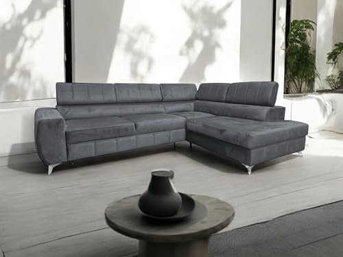 Ecksofa mit Schlaffunktion LONDON L-Form, Sofa Couch mit Bettkasten, Sofa Eckcouch, Schlafsofa für Wohnzimmer, Sofa Couch mit Schlaffunktion und Bettkasten (Dunkelgrau, Ottomane Rechts)