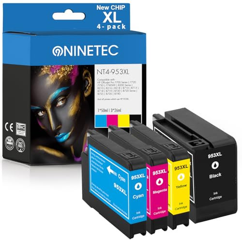 NINETEC 953 XL Druckerpatronen Multipack Ersatz für HP 953 Kompatibel für HP 953 XL 953XL OfficeJet Pro 7720 7730 7740 8210 8218 8710 8715 8720 8725 8730 8740 Patrone Schwarz Cyan Magenta Gelb 4-Pack
