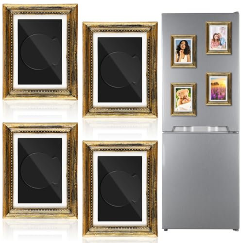 Geelin 4 Pcs Magnetic Vintage Frame for Refrigerator 3.66 x 2.95 Inch Small Vintage Refrigerator Magnets Picture Frames Mini Antique Ornate Gold Photo Frame Insert for Photos Painting