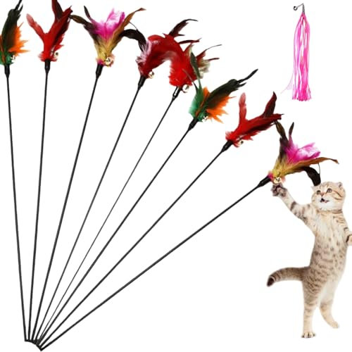 Gioco Gatto Piume,Bacchetta Gatto,Piume Giochi per Gatti,Canna da Gioco con Piume,Giocattoli Interattivo con Piume per Gatti,Giochi con Piume per Gatti con Campana,per Gattino Kitten Indoor,8 Pezzi