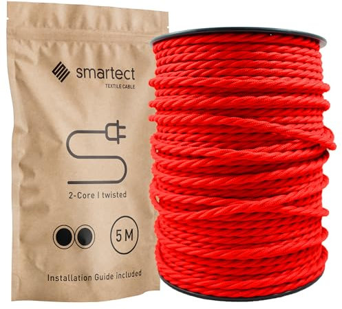 smartect Cavo Elettrico Tessile intrecciato Rosso, 5 Metri Filo Elettrico Vintage, Bipolare (2 x 0.75mm²) Cavo Elettrico Rivestito in Tessuto per Fai da Te