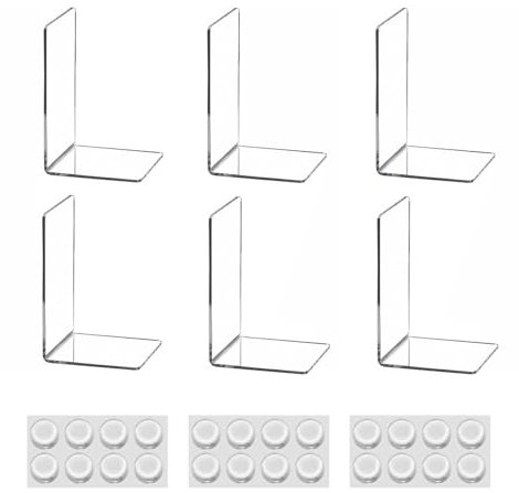 Xmart 6 Stück Acryl Buchstütze Klarer Buchstützen mit 24 Rutschfesten Aufklebern Bücherstütze Bücherhalter Buchständer Buchhalter Regal Transparente für Schule Zuhause Büro Bibliothek Schlafzimmer