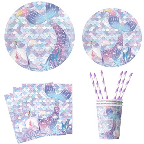 meerjungfrau geburtstag Partygeschirr ,60 Meerjungfrau geburtstag deko ,Inklusive einwegteller ,party becher ,servietten meerjungfrau ,strohhalme papier , geeignet für deko kindergeburtstag