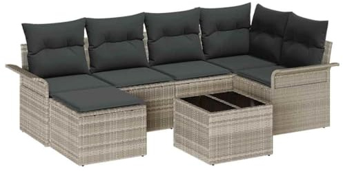 vidaXL 7-teiliges Garten-Sofa-Set mit Kissen in Hellgrau, aus Poly Rattan, für draußen, perfekte Sitzgelegenheit für die Terrasse, modulare Couch, wetterfest