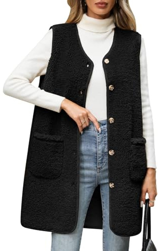 Tuopuda Gilet in Pile Teddy Donna Lungo Cappotto Senza Maniche Elegante Termico Giacca Senza Maniche con Bottone e Tasche(Schwarz,L)