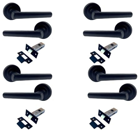 Pack of 4 Matt Black Door Handle with Tubular Latch – 123mm Lever on 52mm Rose | Complete Interior Handle Set