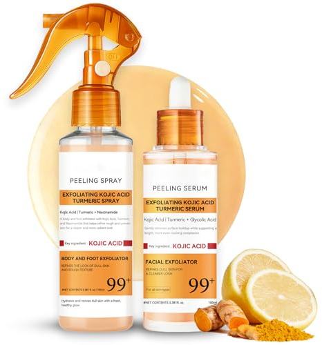 Kojic Acid Turmeric Peeling Set, Kojisäure Gesichtspeeling Serum & Körper Peeling Spray mit Kurkuma, Glykolsäure & Niacinamid, Sanftes Exfoliating für Gesicht, Körper & Füße, 2-teiliges Hautpflege Set