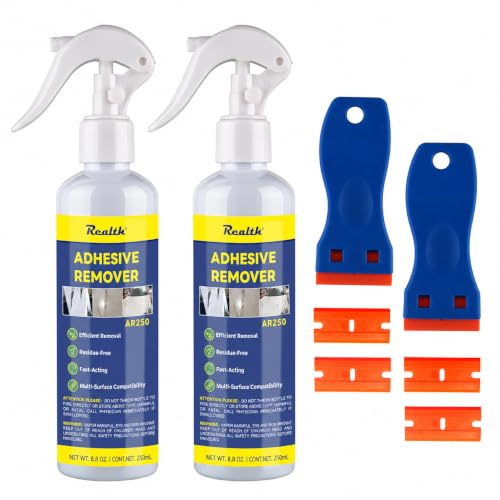 Realth Rimozione Adesivi 250ml con Lame di Plastica 2 Pcs | Spray Rimuovi Adesivi e Colla, Adesivi Rimozione Rapida Senza Residuo, per Etichette Nastro Adesivi i Residui di Colla