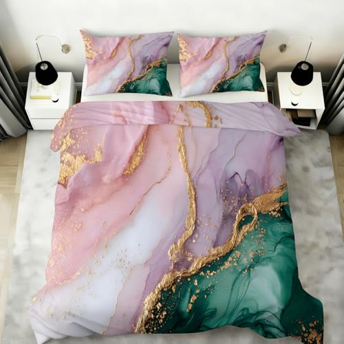 Pink Gold Marble Duvet Cover Double, Rose Golden Foil Marble Bedding Bed Set, Abstract Quilt Covers 200X200cm with Zipper & Ties, 2 Pillowcases