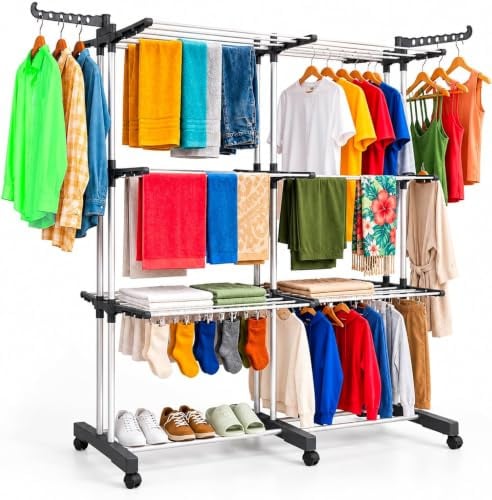 CORIBI Étendoir à Linge Extensible à 4 Niveaux Séchoir Vertical Pliable Grande Capacité avec roulettes Ailes latérales Multifonction pour Intérieur et Extérieur