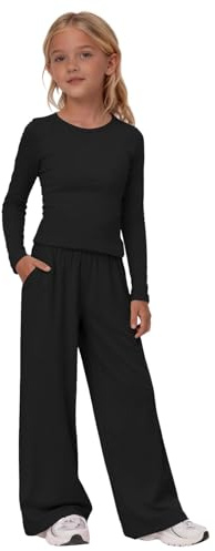 Survêtement 2 pièces pour filles - Haut à manches longues et pantalon à jambes larges - Tenue décontractée unie - T-shirt et pantalon - Ensemble de vêtements de sport, Noir , 13-14 ans