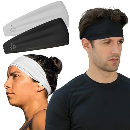 Temple Tape, Herren-Stirnband, Sport-Stirnband, feuchtigkeitsableitend, Schweißbänder für Laufen, CrossTrain, Skifahren und Fahrradhelm-freundlich, Vorteilspack, 1 x schwarz und 1 x weiß