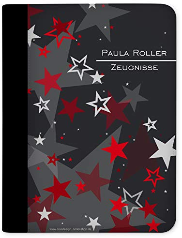 CreaDesign Customize A4 Zeugnismappe für Kinder 26,7x32,7x1 cm, Sichtbuch mit 10 Klarsichthüllen, erweiterbar auf bis zu 20 Taschen, Rot Sterne Design, Dokumentenmappe für Schüler