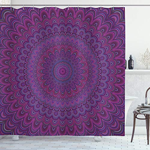 ABAKUHAUS Aubergine Duschvorhang, Vintage Lila Mandala, Stoffliches Gewebe Badezimmerdekorationsset mit Haken, 175 x 180 cm, Lila