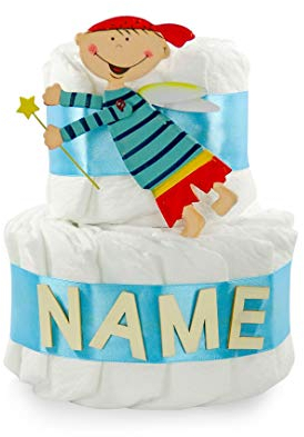 Windeltorte Schutzengel Jungen personalisiert mit Namen / 25cm - Geschenk zur Geburt für Jungs mit Grußkarte (blau)