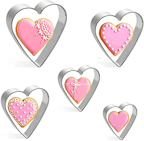 KONAMO Juego de cortadores de galletas en forma de corazón, 5 cortadores de galletas en forma de corazón, cortadores de repostería de acero inoxidable para el día de San Valentín