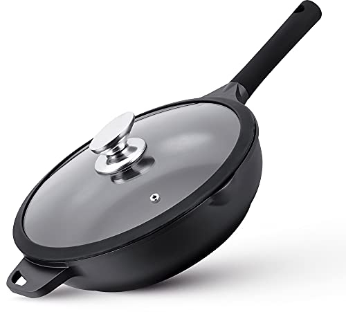 La Moustache - Pfanne 28 cm mit Glasdeckel, 100% PFOA-Freie, Optimale Wärmeverteilung - Antihaftbeschichtung - Bratpfanne für Halogen, Gas, Elektro, Induktion & Ceran Kochfelder (Klyve)