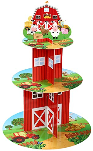 Farm Cupcake Stand 3 Tier Farm Theme Animal Cup Cake Holder Stand Cardboard Farmhouse Dessert Tower Round Barnyard Pastry Serving Platter for Farm Party Supplies Birthday Baby Shower Party Decorations