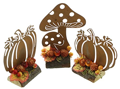 FRANK FLECHTWAREN Herbstdeko Rost, 3er Set, Metall in trendigem Rostdesign, rustikaler Holzsockel, verziert mit Kunststoffbeeren und -blättern, Maße: Höhe 11 cm, 13 cm, 14 cm