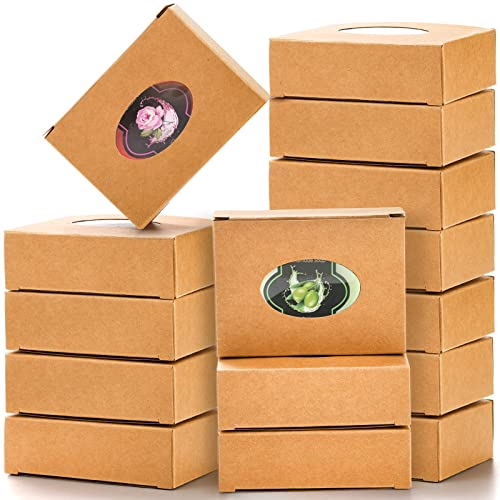 SOUJOY 100 Pack Soap Boxes for Handmade Soap, Paper Treat Boxes with Clear Window, Kraft Soap Making Supplies Packaging for Bakery, Candy, Jewelry, Party Treats