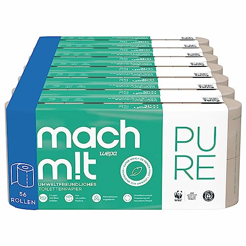 Toilettenpapier 3-lagig - 56 Rollen - mach m!t PURE – frei von Bleichmitteln - aus recyceltem Karton - extrem weich & umweltschonend - Made in Germany - recycelbar - Großpackung - 150 Blatt pro Rolle